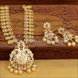 Gold Plated Lakshmi Pendant Necklace Set with Earrings - Pink - Necklace Set