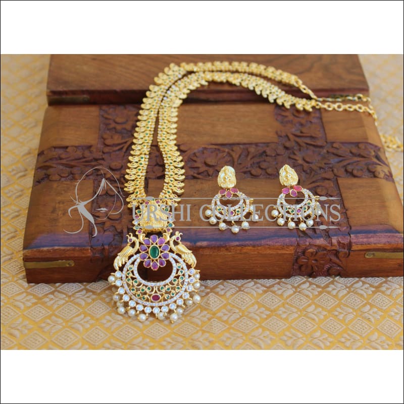 GOLD PLATED LONG TEMPLE PEACOCK NECKLACE SET UTV195 - Necklace Set