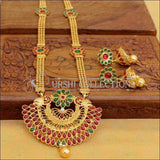 Gold Plated Peacock Design Necklace Set With Coloured Stones - Green & Pink - Necklace Set