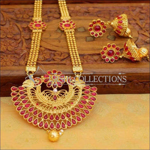 Gold Plated Peacock Design Necklace Set With Coloured Stones - Pink - Necklace Set