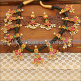 Handmade Designer Black Thread Stone Studded Necklace Set - Pink & Green - Necklace Set
