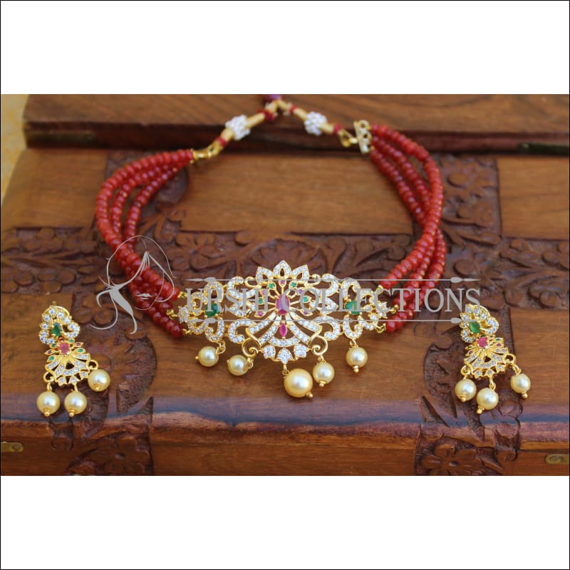 LOVELY CZ GOLD PLATED NECKLACE SET UTV136 - RED - Necklace Set