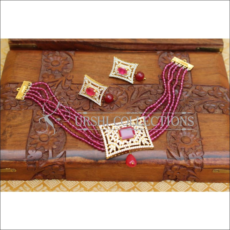 LOVELY CZ NECKLACE WITH CRYSTAL BEADS UTV116 - RUBY - Necklace Set