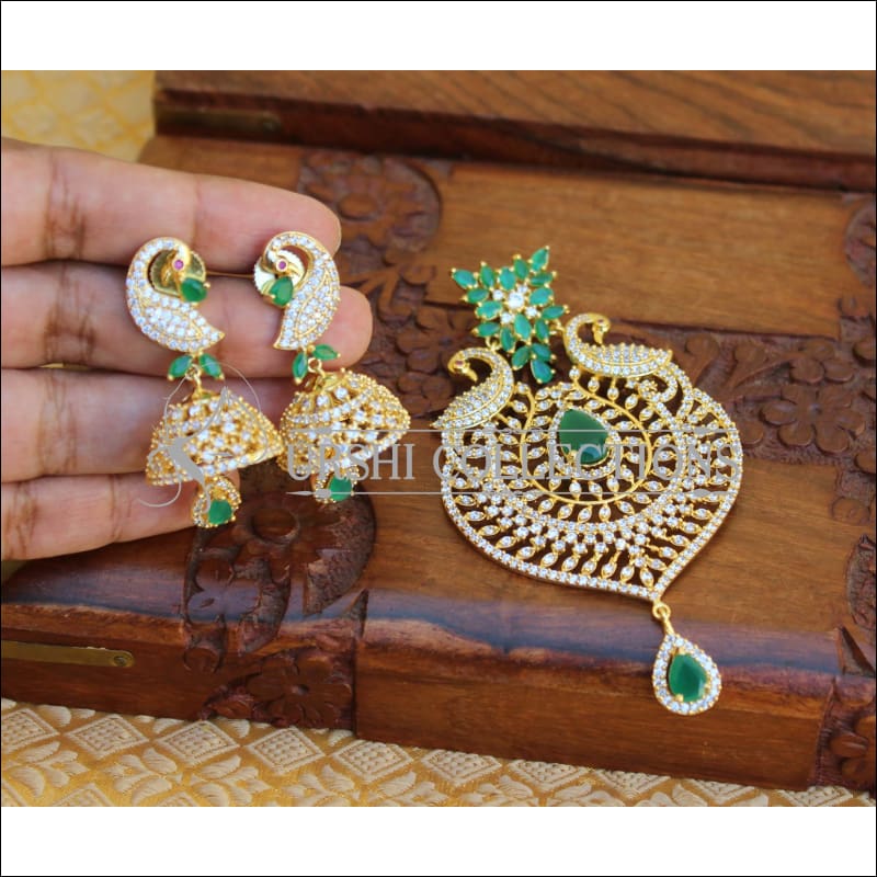 LOVELY CZ PEACOCK PENDANT SET UTV87 - GREEN - Pendant Set