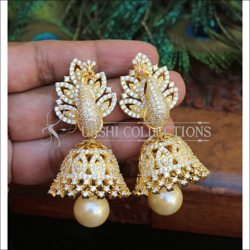 LOVELY CZ STONE GOLD PLATED PEACOCK EARRINGS M63 - Earrings