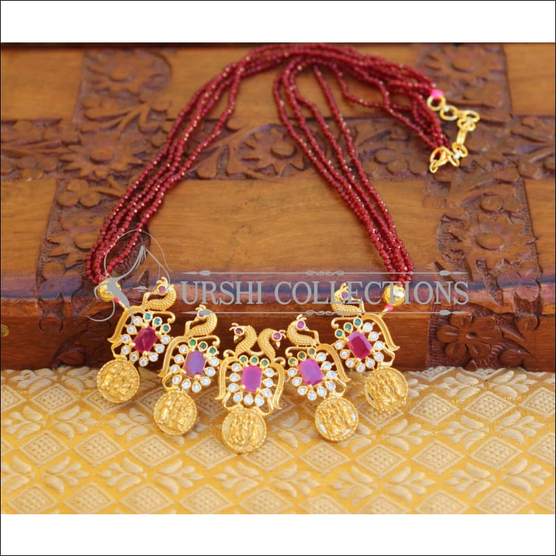 LOVELY PEACOCK RAM PARIVAR CRYSTAL BEAD NECKLACE SET UC-NEW3322 - MAROON - Necklace Set