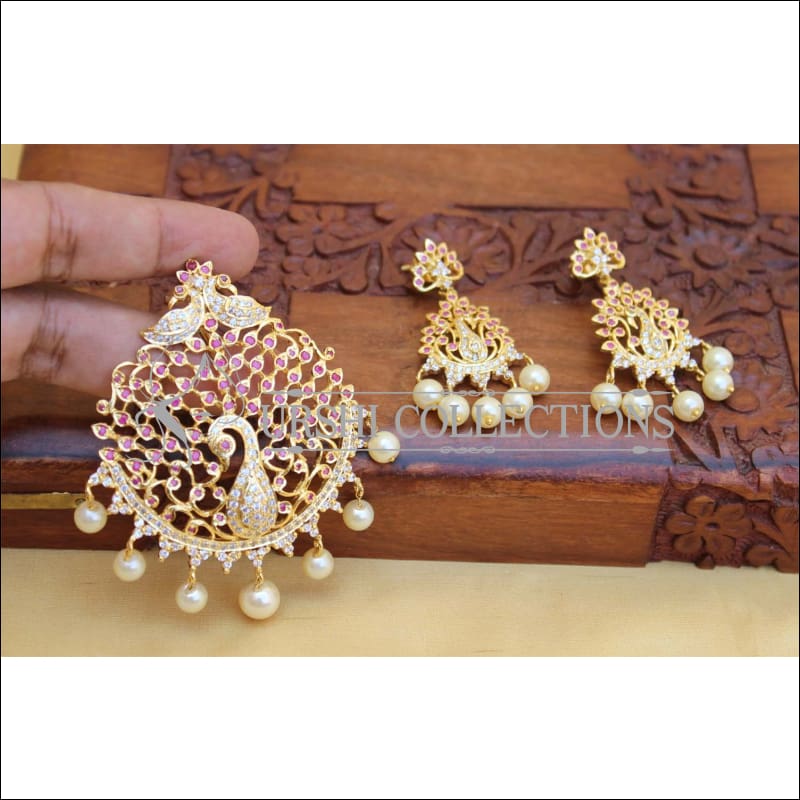 LOVELY RUBY PEACOCK PENDANT SET WITH SCREW BACK EARRINGS UC-NEW3027 - Pendant Set