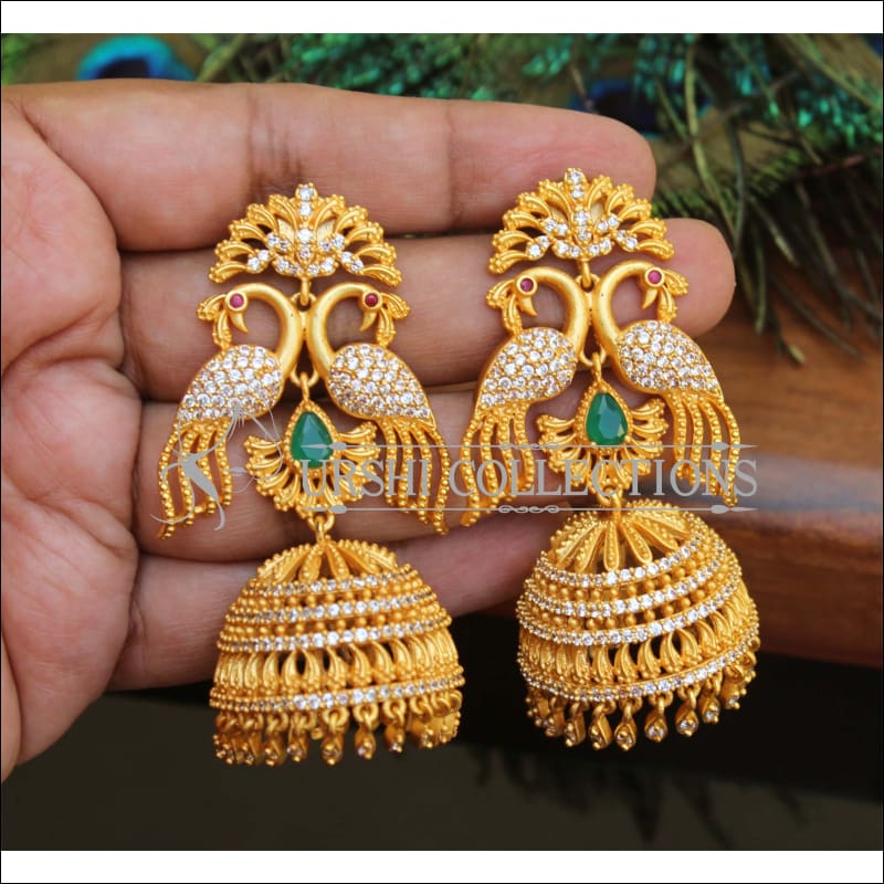 MATTE FINISH CZ PEACOCK BIG EARRINGS M76 - Earrings