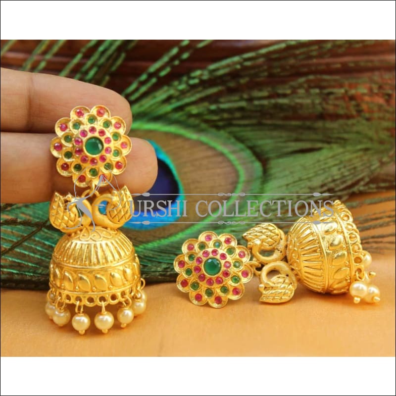 Matte Finish Elegant Earrings Set UC-NEW659 - Ruby and Green - Earrings
