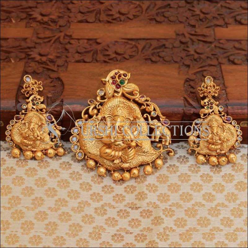 Matte Finish Ganesh Pendant Embedded With Peacock And Elephant Temple Design - Pendant Set