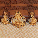 Matte Finish Ganesh Pendant Embedded With Peacock And Elephant Temple Design - Pendant Set