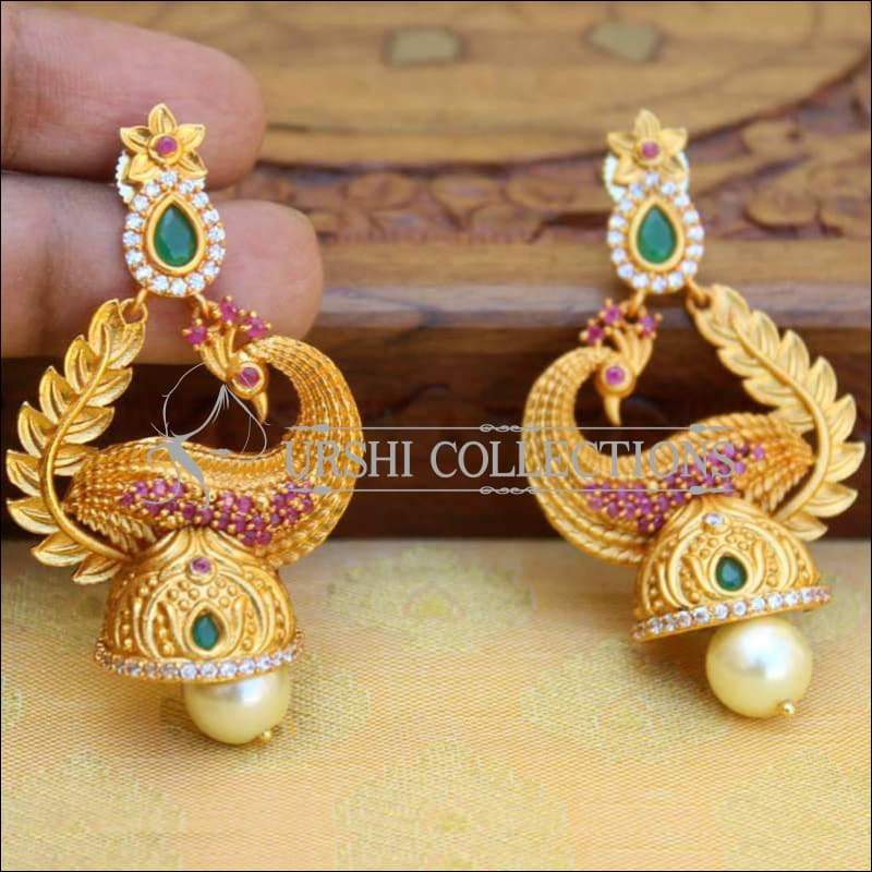 Matte Finish Peacock Design Beautiful Earrings - Green & White - Earrings