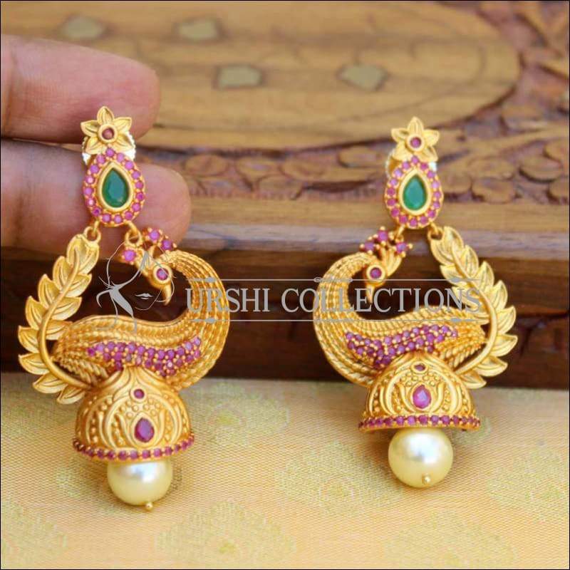 Matte Finish Peacock Design Beautiful Earrings - Pink & Green - Earrings