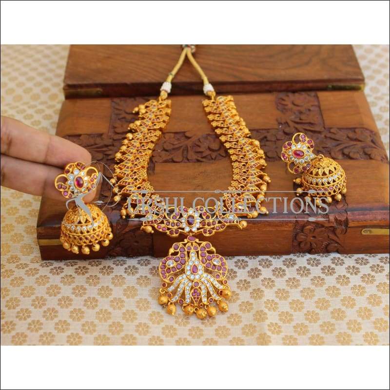 Matte Finish Peacock Necklace Set UC-NEW65 - white and pink - Necklace Set