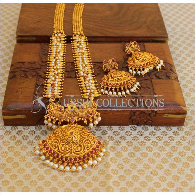 Matte Finish Peacock Necklace Set UC-NEW67 - pink and white - Necklace Set