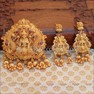 Matte Finish Traditional Temple Design Lakshmi Pendant Set - Pink - Pendant Set