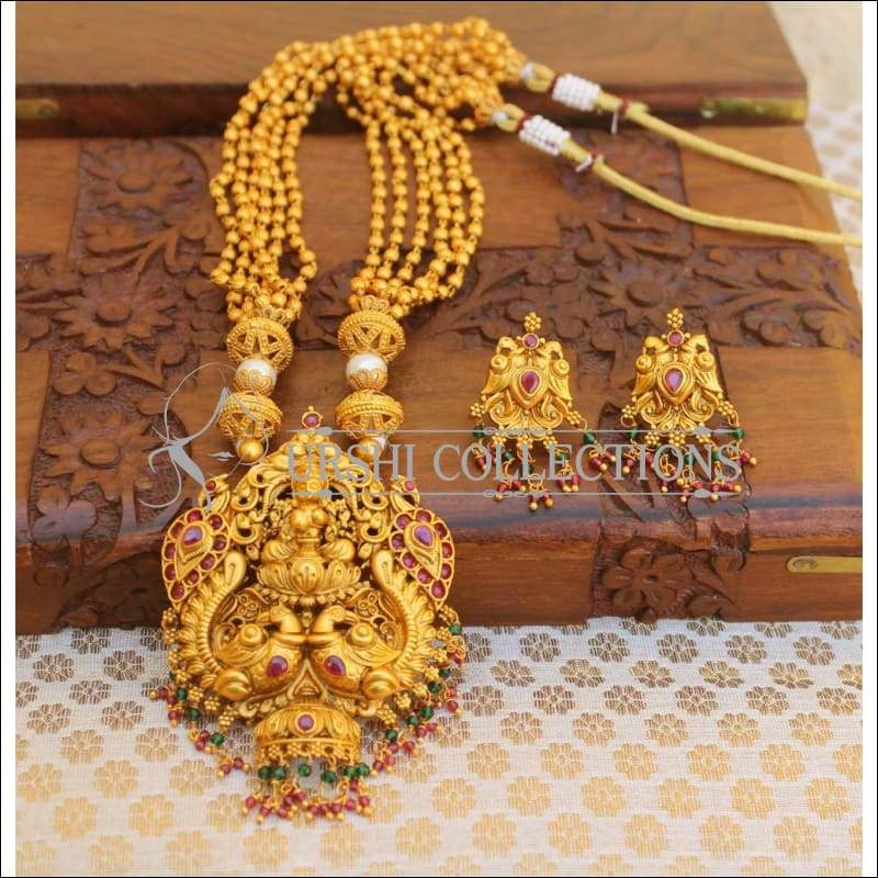 Matte Finish Traditional Temple Necklace set UC-NEW93 - Red - Necklace Set