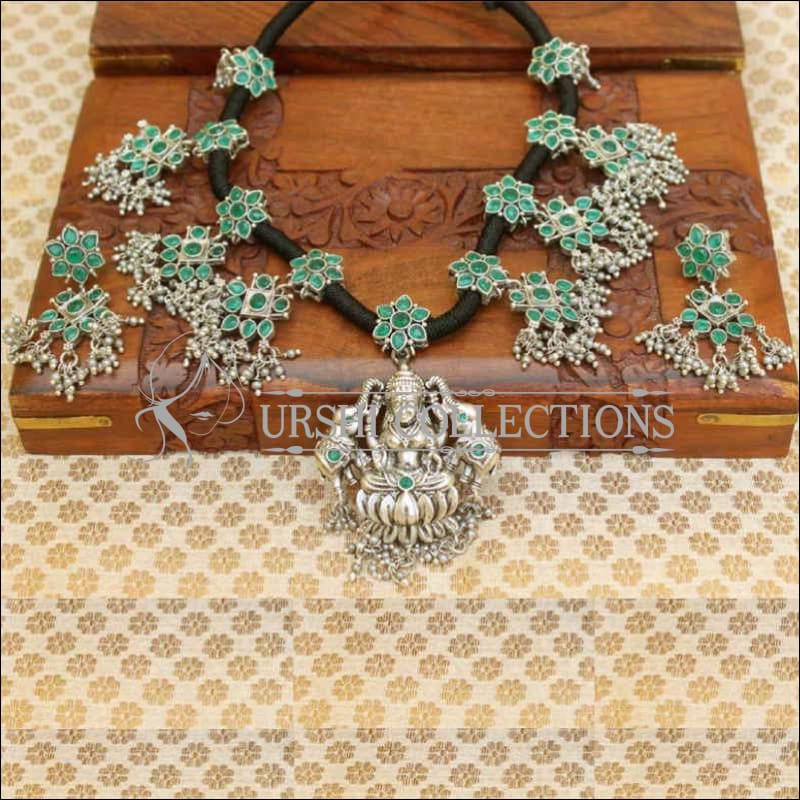 Silver Plated Lakshmi Pendant Floral Designer Black Thread Necklace Set - Green - Necklace Set