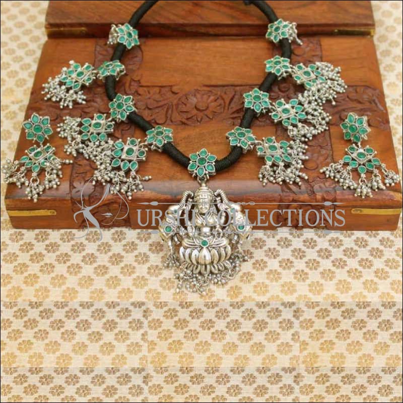 Silver Plated Lakshmi Pendant Floral Designer Black Thread Necklace Set - Green - Necklace Set