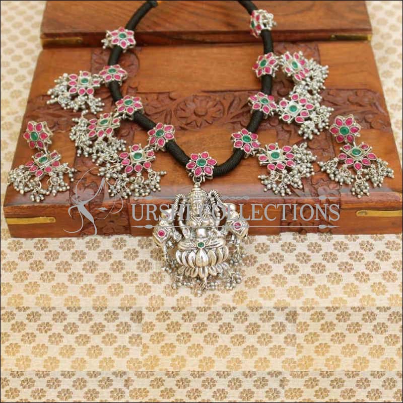 Silver Plated Lakshmi Pendant Floral Designer Black Thread Necklace Set - Pink & Green - Necklace Set