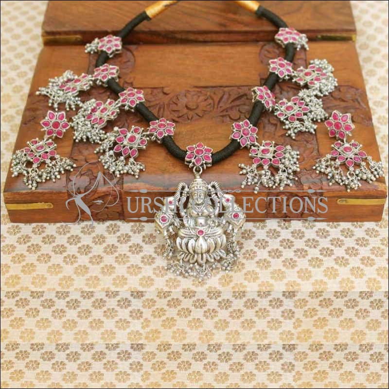 Silver Plated Lakshmi Pendant Floral Designer Black Thread Necklace Set - Pink - Necklace Set