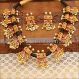 Stylish Designer Black Thread Stone Studded Necklace Set - Pink & Green - Necklace Set