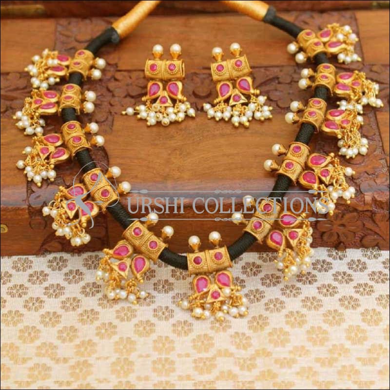 Stylish Designer Black Thread Stone Studded Necklace Set - Pink - Necklace Set