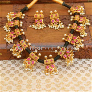 Stylish Designer Black Thread Stone Studded Necklace Set - Pink - Necklace Set