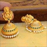 Temple Design Stone Studded Lakshmi Jhumka Earrings - Green - Earrings