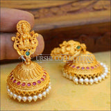 Temple Design Stone Studded Lakshmi Jhumka Earrings - Pink & Green - Earrings