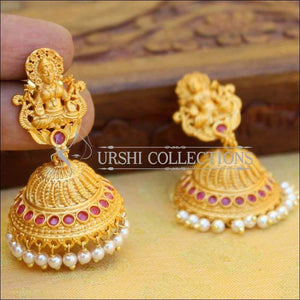 Temple Design Stone Studded Lakshmi Jhumka Earrings - Pink - Earrings
