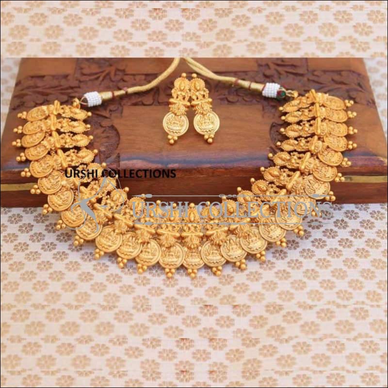 Traditional Matte Finish Kasu Mala With Earrings - Necklace Set